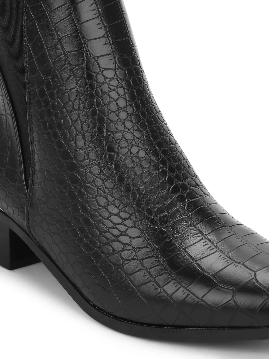 Black Croc PU Low Heel Ankle Length Boots