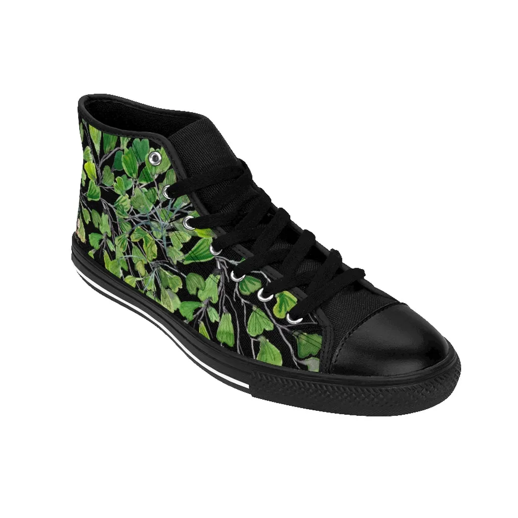 Black Fern Men's High-top Sneakers, Green Maidenhair Leaf Designer Tennis Running Shoes