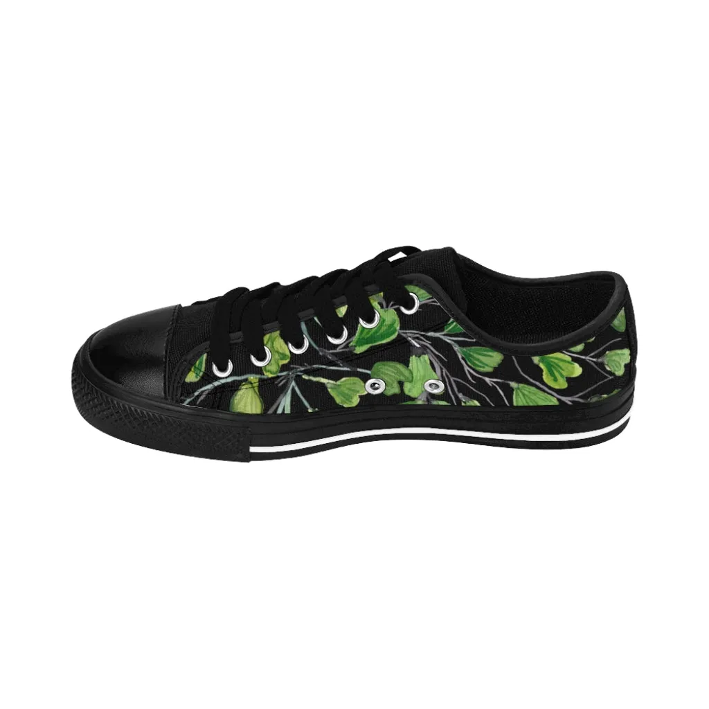 Black Green Maidenhair Men's Sneakers, Best Tropical Leaf Print Men's Low Top Tennis Shoes