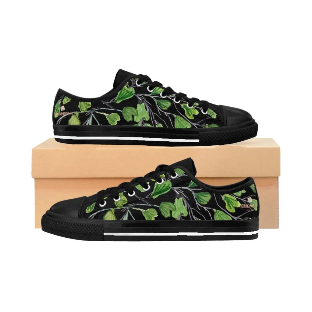 Black Green Maidenhair Men's Sneakers, Best Tropical Leaf Print Men's Low Top Tennis Shoes