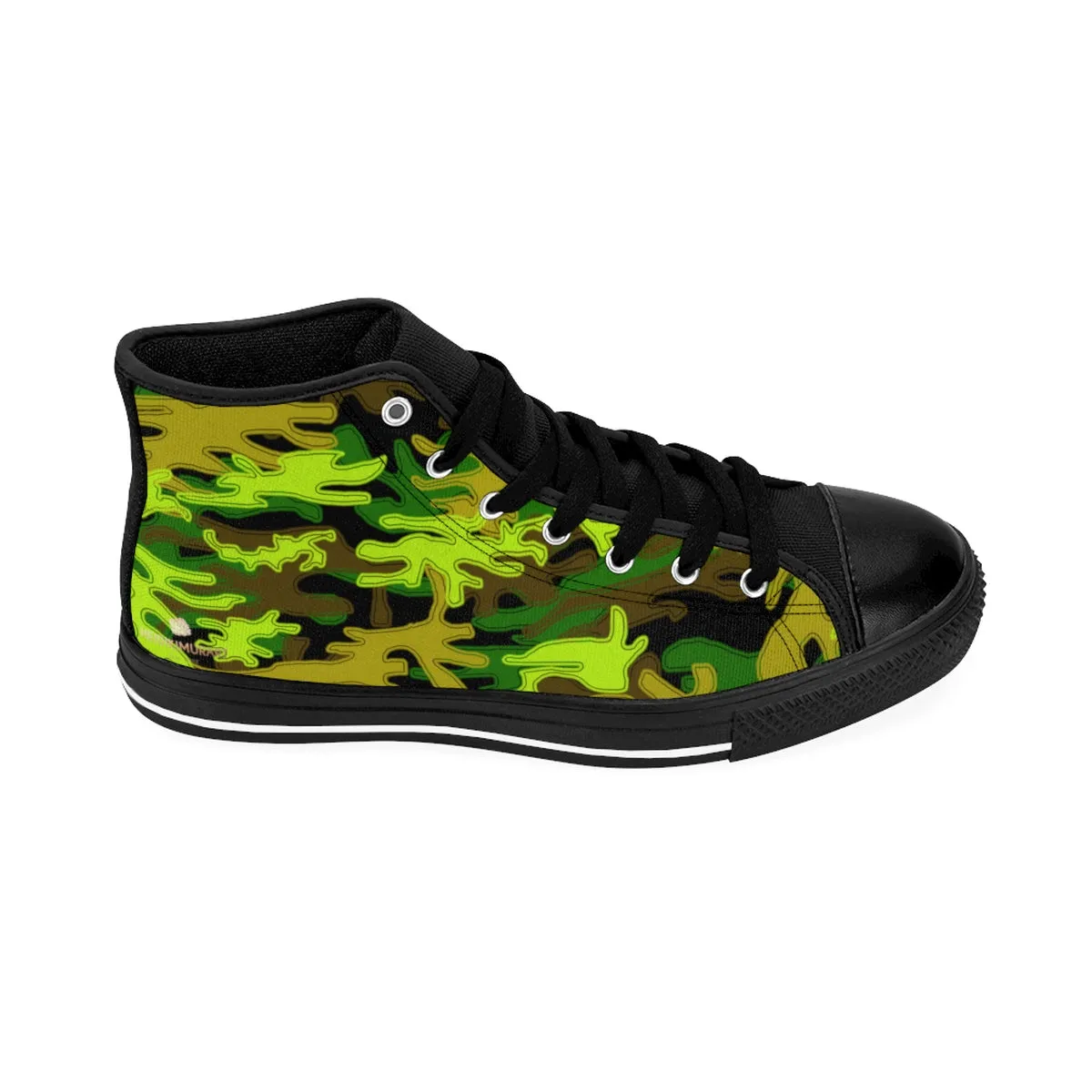 Black Green Men's Camo Sneakers, Camouflage Military Print Men's High-top Sneakers