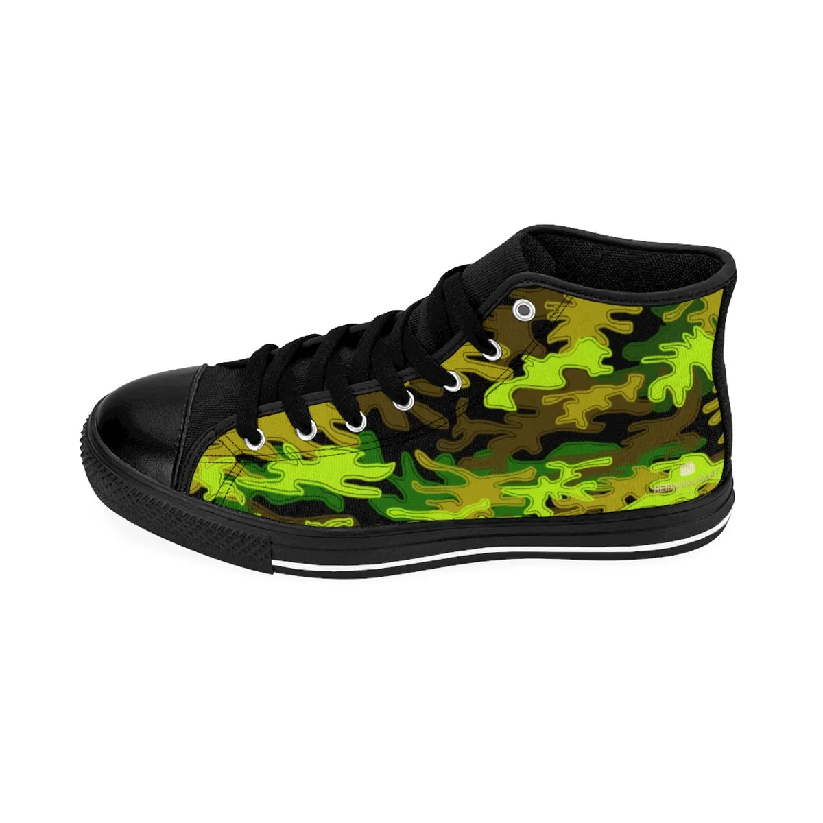 Black Green Men's Camo Sneakers, Camouflage Military Print Men's High-top Sneakers