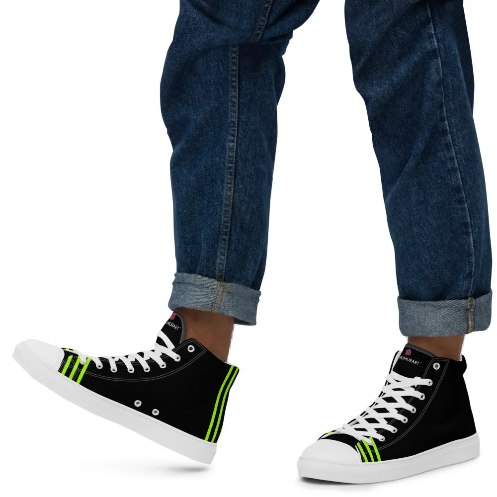 Black Green Striped Men's Sneakers, Vertical Stripes Premium High Top Tennis Shoes For Men