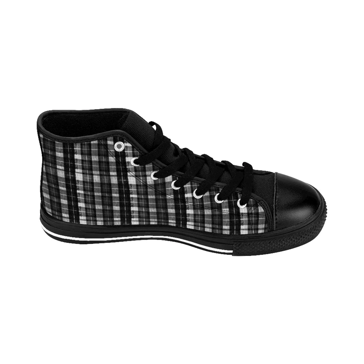 Black Plaid Men's Sneakers, White Grey Plaid Tartan Print High-top Tennis Running Shoes