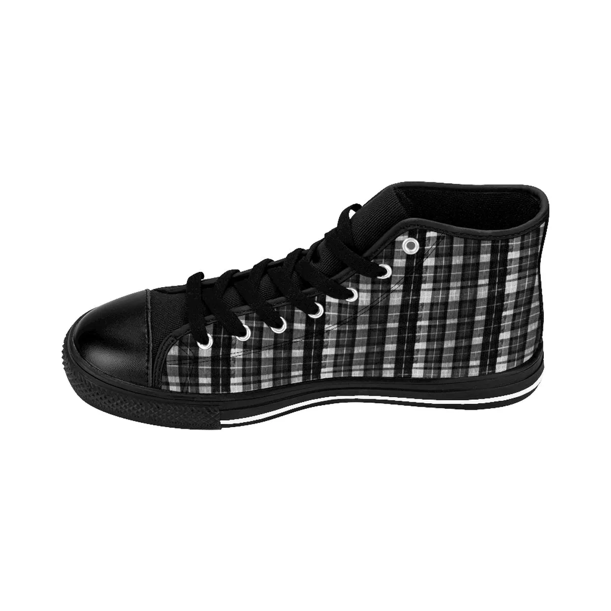 Black Plaid Men's Sneakers, White Grey Plaid Tartan Print High-top Tennis Running Shoes