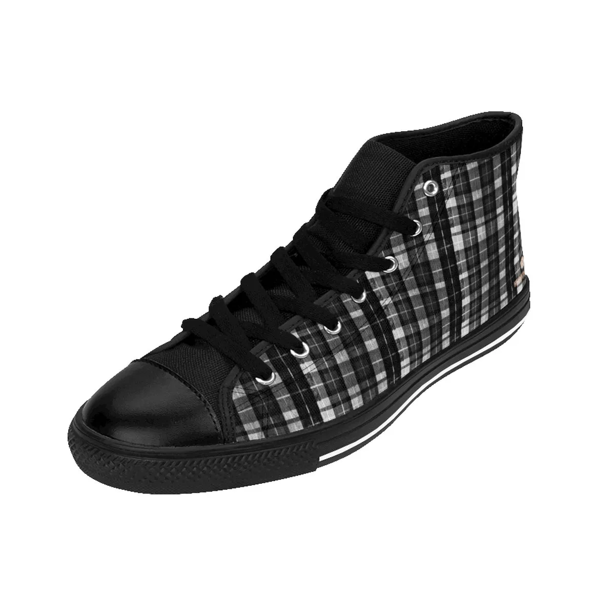 Black Plaid Men's Sneakers, White Grey Plaid Tartan Print High-top Tennis Running Shoes