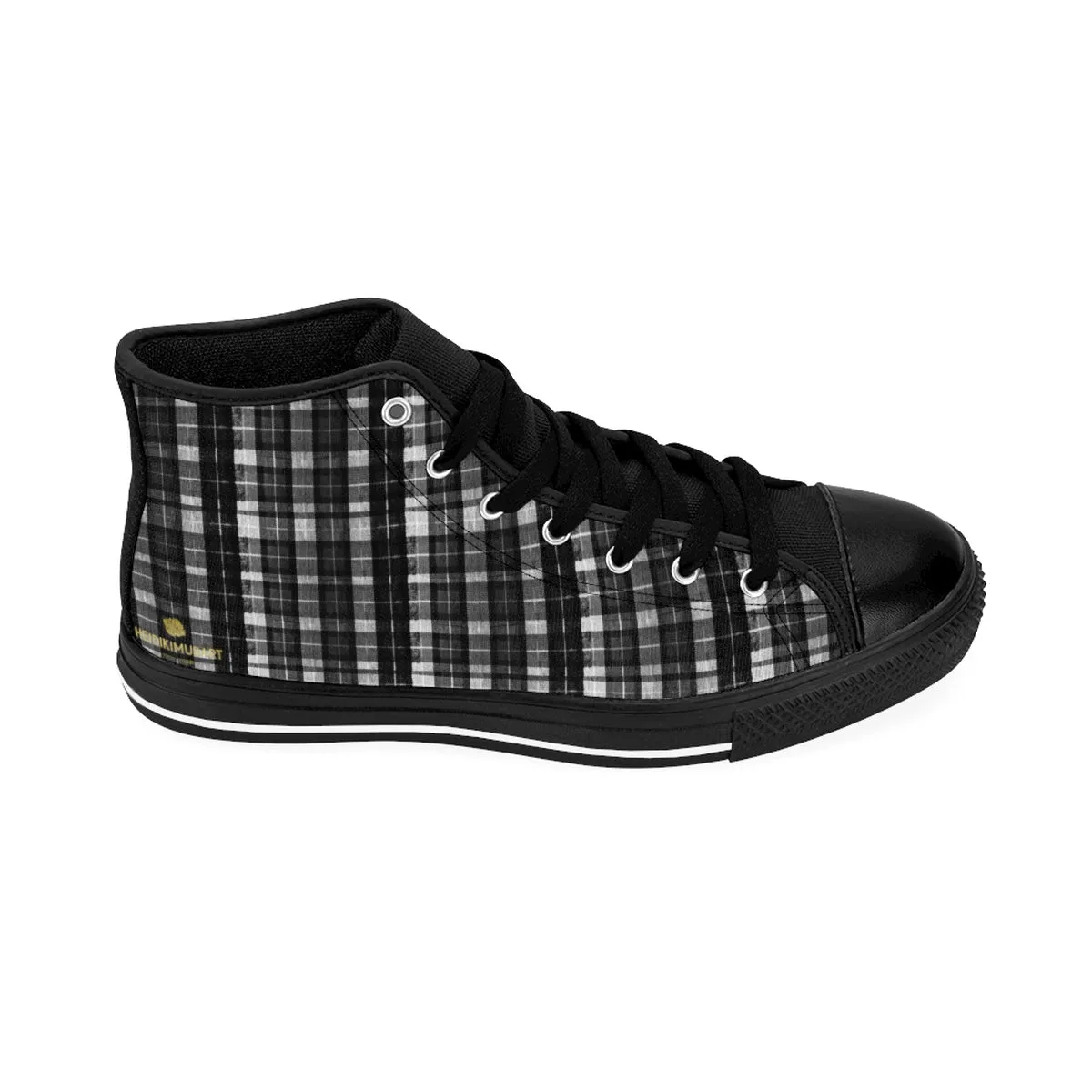 Black Plaid Men's Sneakers, White Grey Plaid Tartan Print High-top Tennis Running Shoes