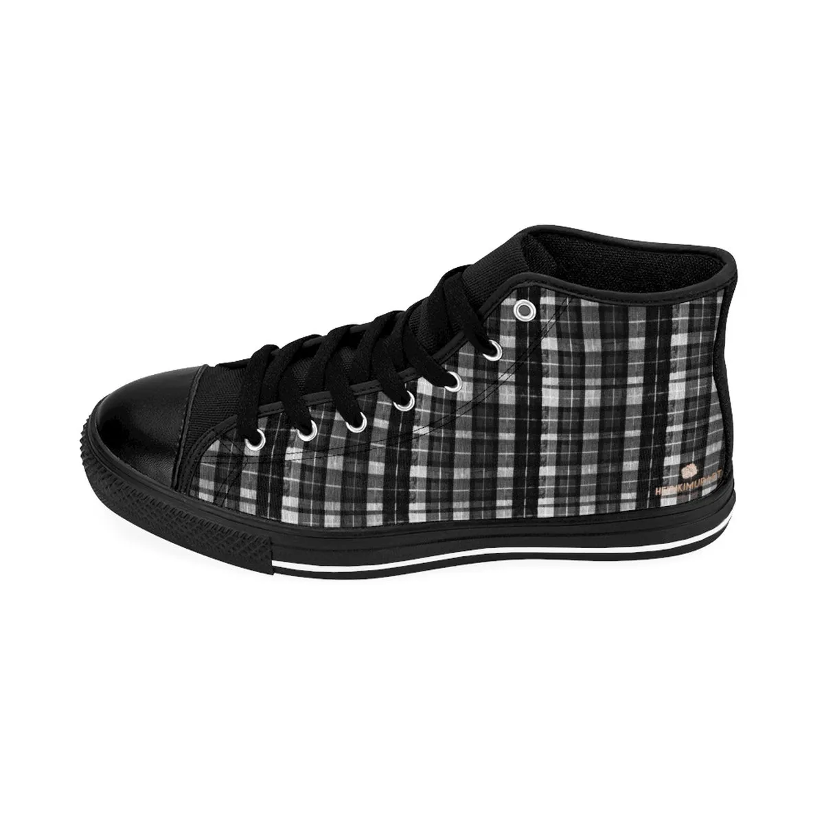 Black Plaid Men's Sneakers, White Grey Plaid Tartan Print High-top Tennis Running Shoes