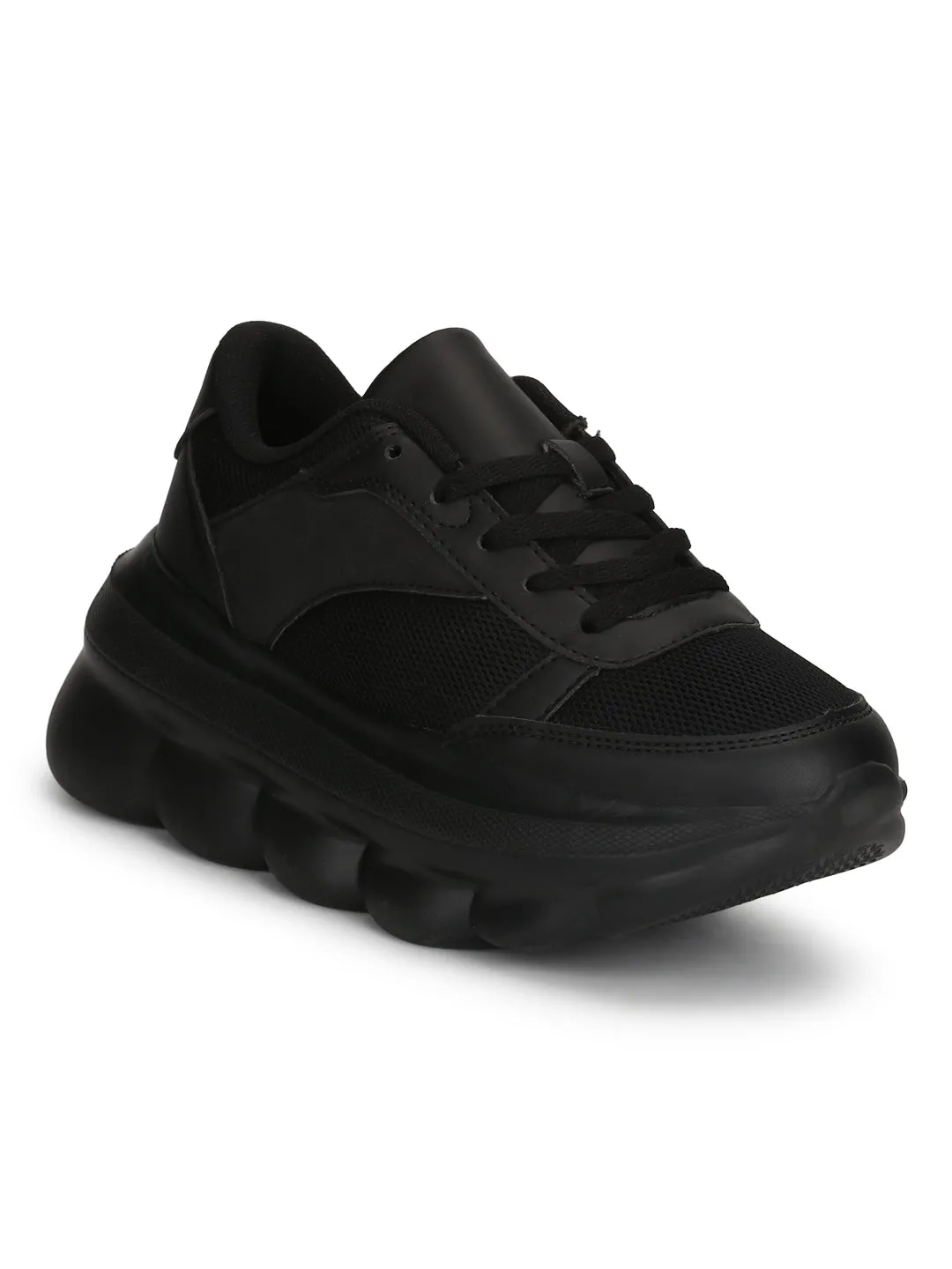 Black PU Cleated Bottom Platform Lace-up Chunky Sneakers