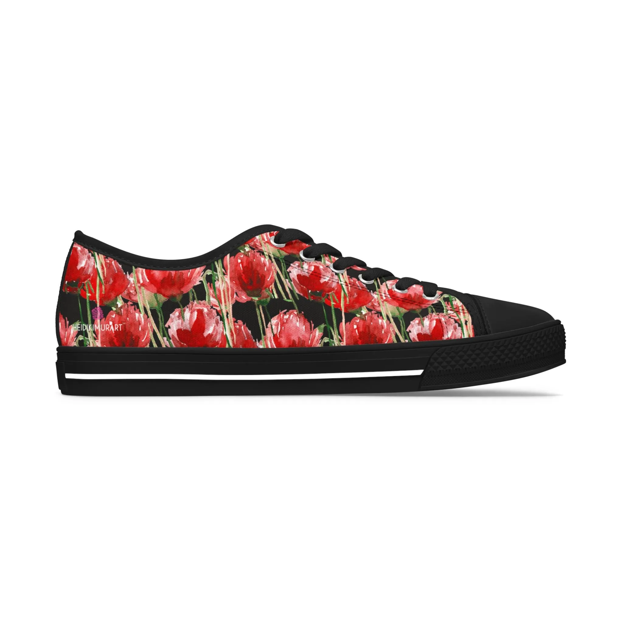 Black Red Tulips Women's Sneakers, Floral Print Women's Canvas Fashion Low Top Sneakers (US Size: 5.5-12)