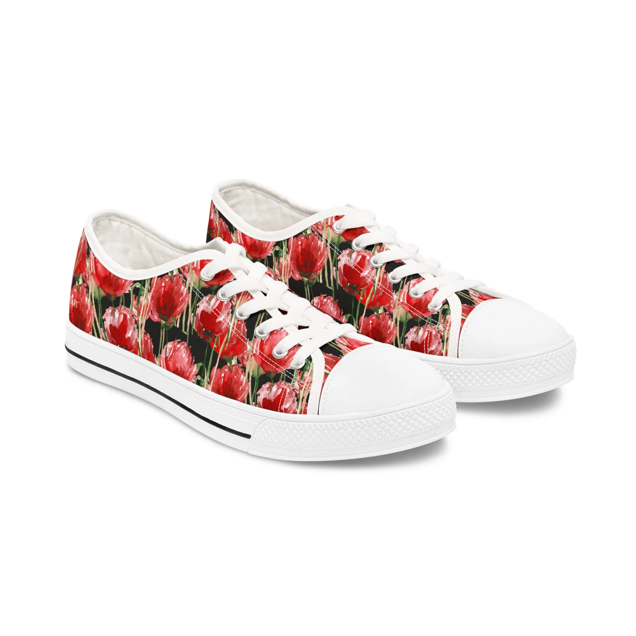 Black Red Tulips Women's Sneakers, Floral Print Women's Canvas Fashion Low Top Sneakers (US Size: 5.5-12)