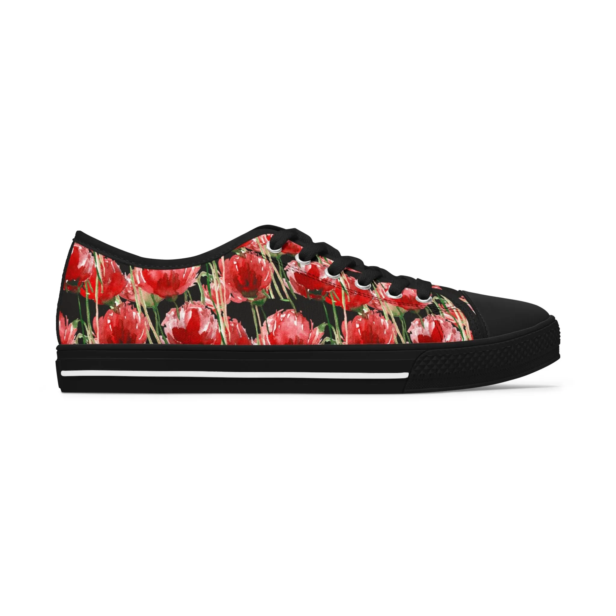 Black Red Tulips Women's Sneakers, Floral Print Women's Canvas Fashion Low Top Sneakers (US Size: 5.5-12)