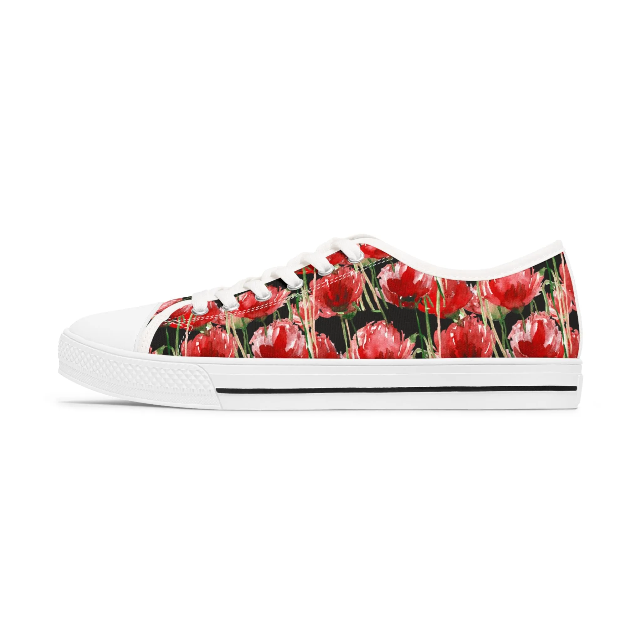 Black Red Tulips Women's Sneakers, Floral Print Women's Canvas Fashion Low Top Sneakers (US Size: 5.5-12)