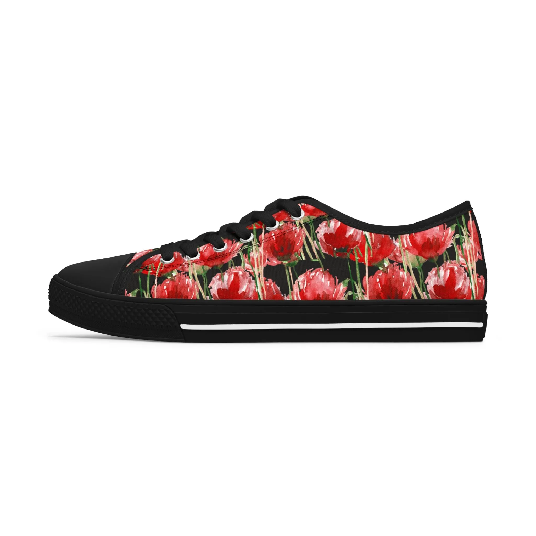 Black Red Tulips Women's Sneakers, Floral Print Women's Canvas Fashion Low Top Sneakers (US Size: 5.5-12)