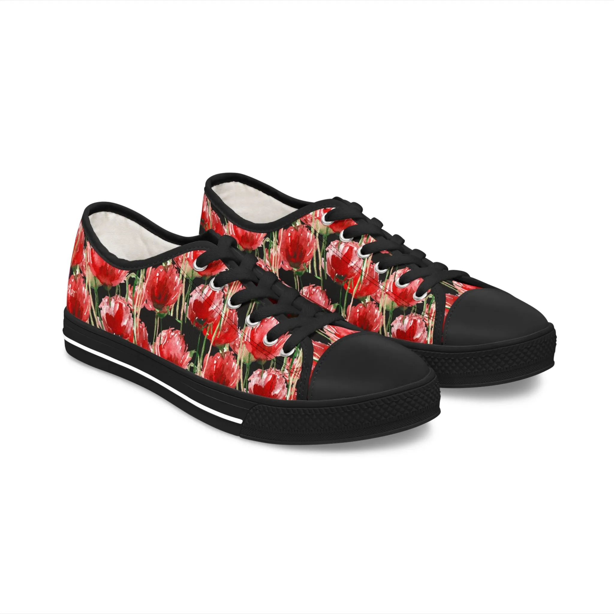 Black Red Tulips Women's Sneakers, Floral Print Women's Canvas Fashion Low Top Sneakers (US Size: 5.5-12)