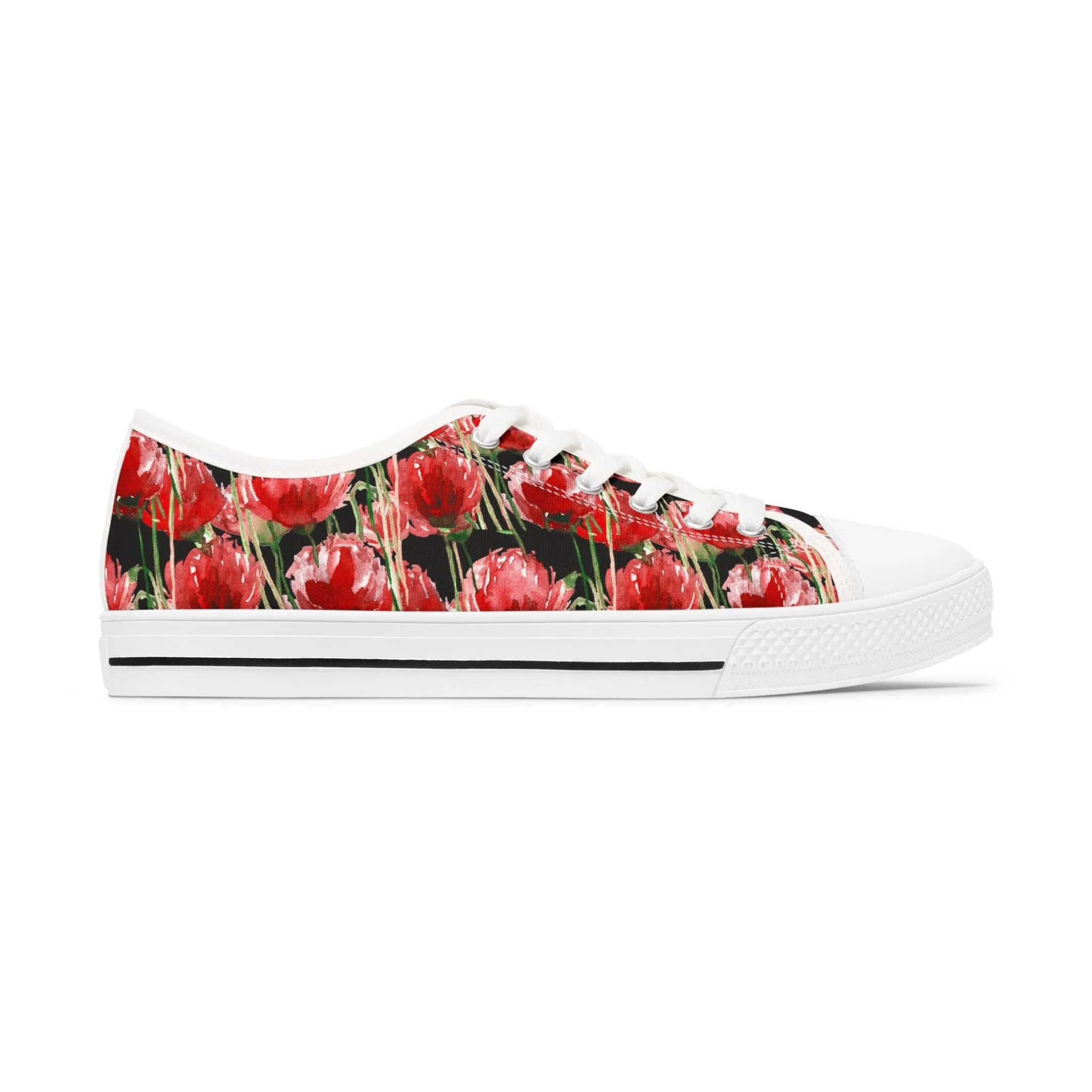 Black Red Tulips Women's Sneakers, Floral Print Women's Canvas Fashion Low Top Sneakers (US Size: 5.5-12)