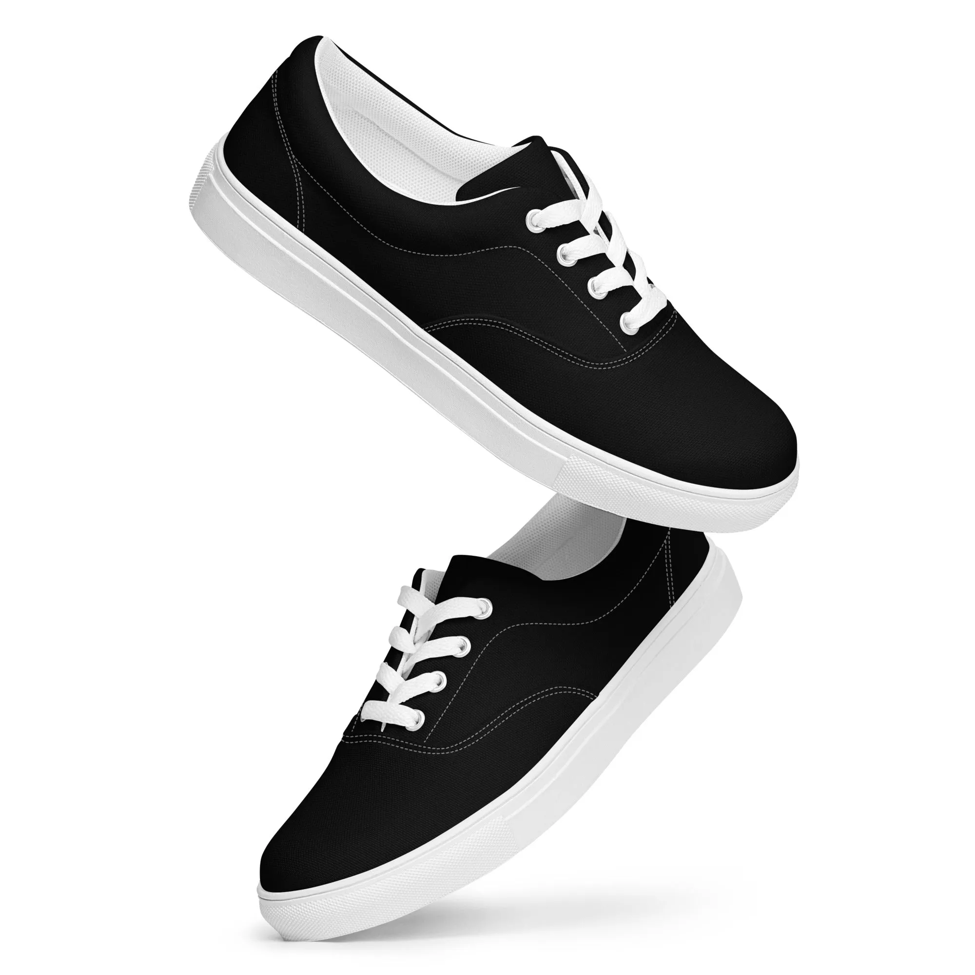 Black Solid Color Men's Sneakers, Solid Sleek Black Color Best Designer Men’s Lace-up Low Top Canvas Shoes (US Size: 5-13)