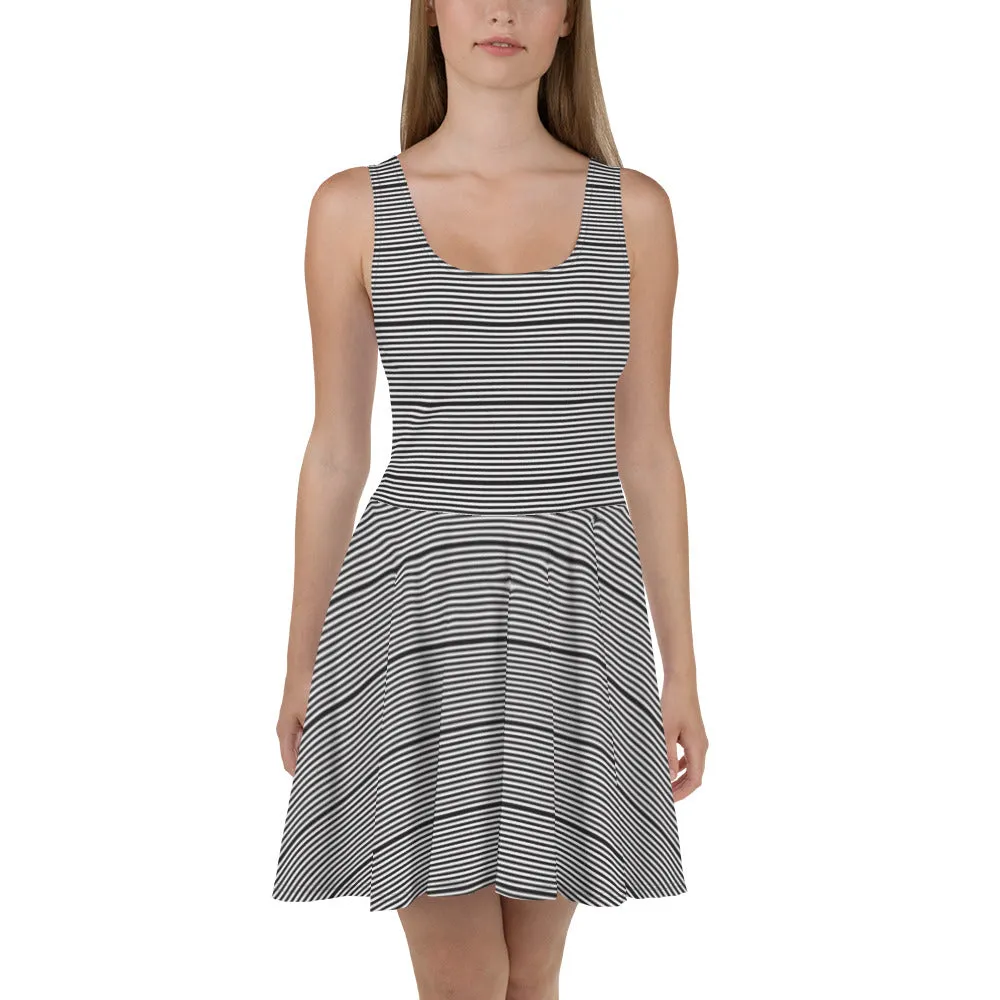 Black White Horizontal Stripes Dress, Sleeveless Women's Best Designer Skater Dress-Made in USA/EU