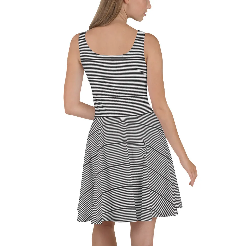 Black White Horizontal Stripes Dress, Sleeveless Women's Best Designer Skater Dress-Made in USA/EU