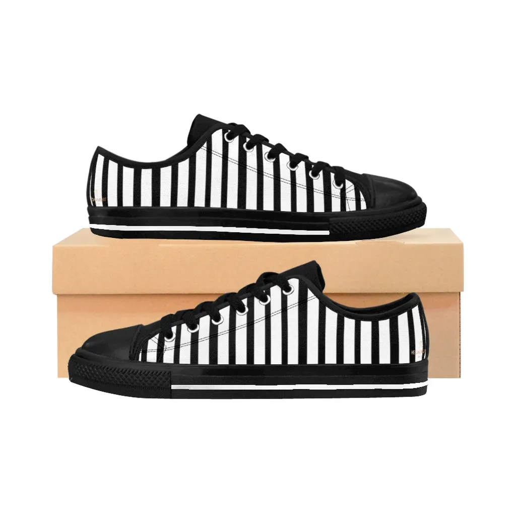 Black White Striped Women's Sneakers, Modern Low Top Running Shoes For Ladies (US Size: 6-12)