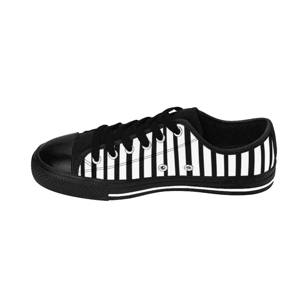 Black White Striped Women's Sneakers, Modern Low Top Running Shoes For Ladies (US Size: 6-12)