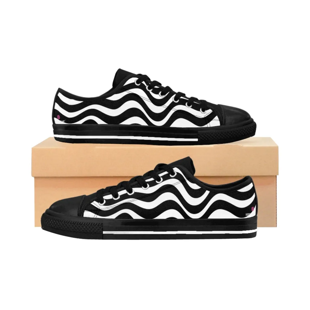 Black White Wavy Women's Sneakers, Wavy Abstract Best Tennis Casual Shoes For Women (US Size: 6-12)