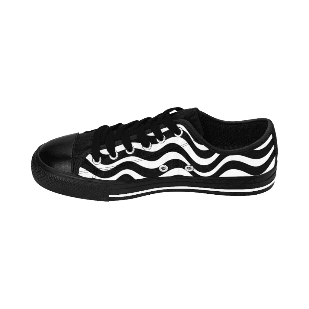 Black White Wavy Women's Sneakers, Wavy Abstract Best Tennis Casual Shoes For Women (US Size: 6-12)