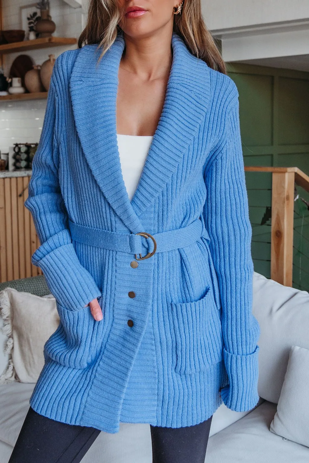 Blue Button Down Belted Cardigan