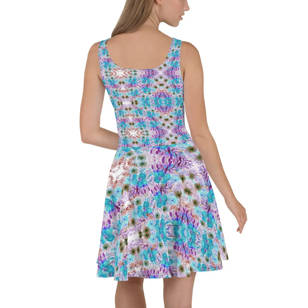 Blue Floral Print Skater Dress, Flower Print Women's Designer Sleeveless Dress-Made in USA/EU/MX