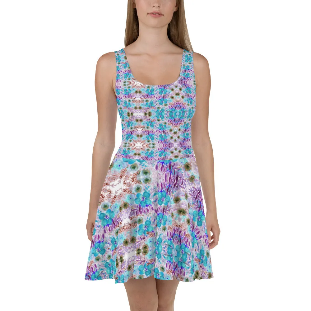 Blue Floral Print Skater Dress, Flower Print Women's Designer Sleeveless Dress-Made in USA/EU/MX