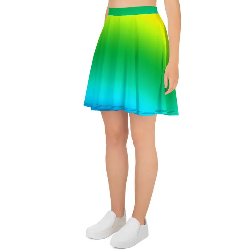 Blue Green Rainbow Skater Skirt, Radial Ombre Print Mid-Thigh Soft Women's Skater Skirt- Made in USA/EU