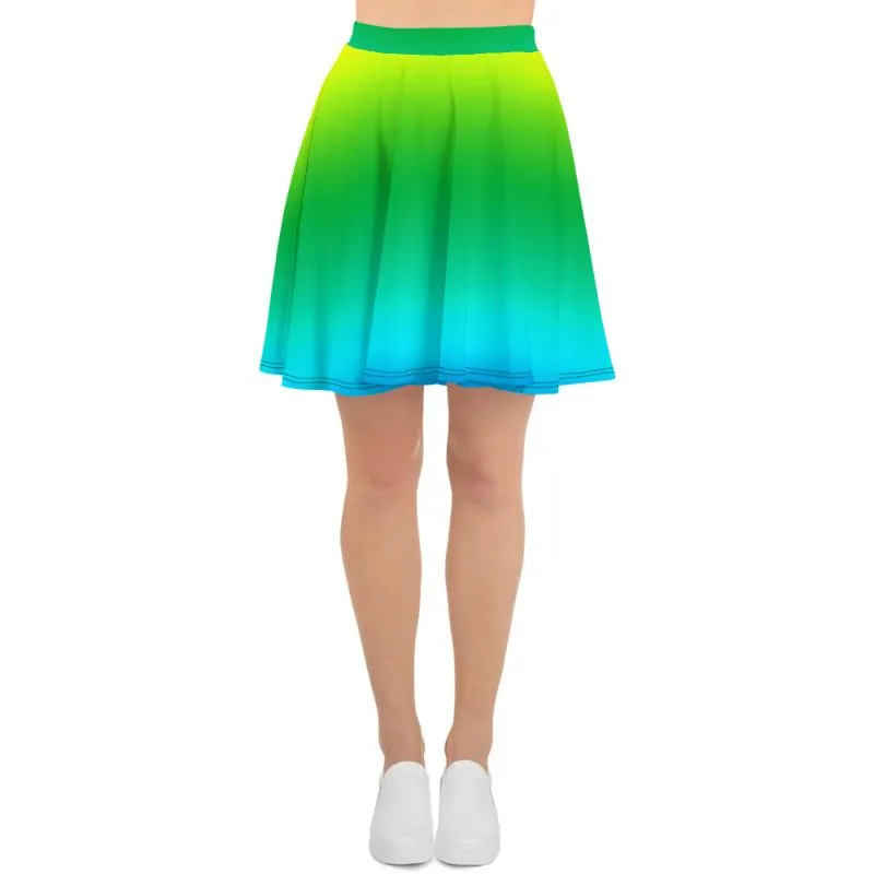 Blue Green Rainbow Skater Skirt, Radial Ombre Print Mid-Thigh Soft Women's Skater Skirt- Made in USA/EU