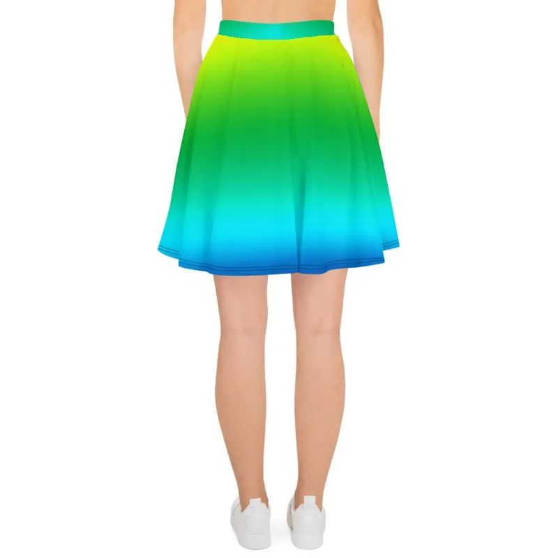 Blue Green Rainbow Skater Skirt, Radial Ombre Print Mid-Thigh Soft Women's Skater Skirt- Made in USA/EU