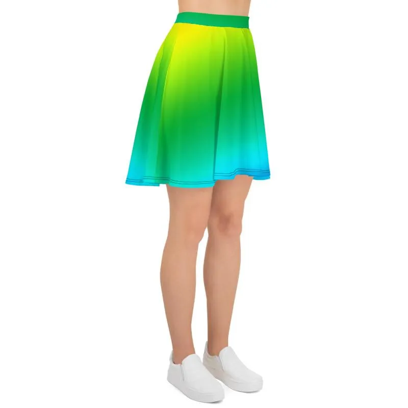 Blue Green Rainbow Skater Skirt, Radial Ombre Print Mid-Thigh Soft Women's Skater Skirt- Made in USA/EU