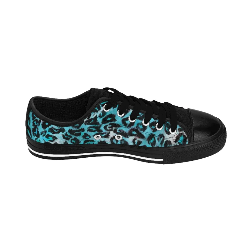 Blue Leopard Print Women's Sneakers, Bright Blue Animal Print Fashion Tennis Canvas Shoes For Ladies