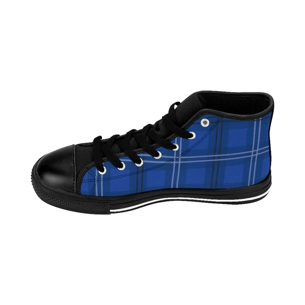 Blue Plaid Men's High Tops, Scottish Plaid Preppy Printed Canvas Fashion Tennis Shoes For Men