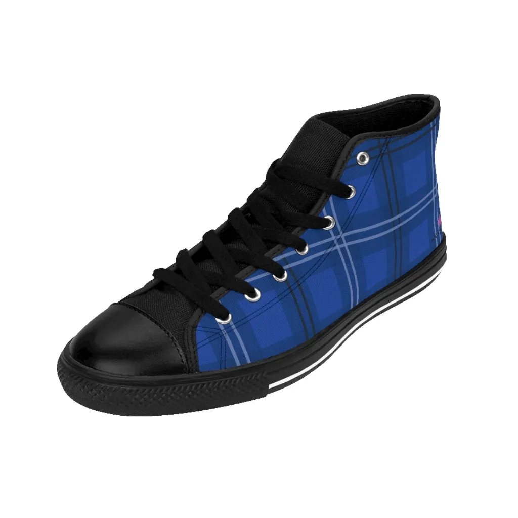 Blue Plaid Men's High Tops, Scottish Plaid Preppy Printed Canvas Fashion Tennis Shoes For Men