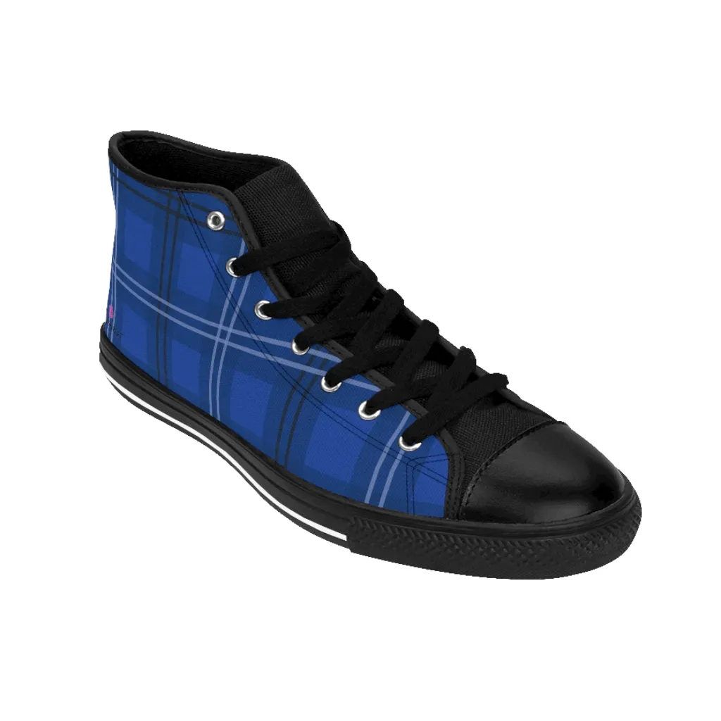 Blue Plaid Men's High Tops, Scottish Plaid Preppy Printed Canvas Fashion Tennis Shoes For Men