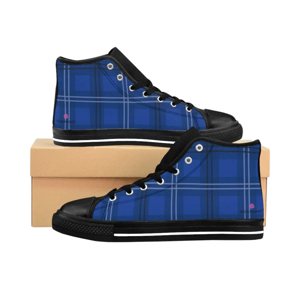 Blue Plaid Men's High Tops, Scottish Plaid Preppy Printed Canvas Fashion Tennis Shoes For Men