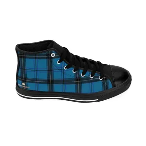 Blue Plaid Men's Sneakers, Scottish Plaid Tartan Print High-top Tennis Shoes(US Size: 6-14)