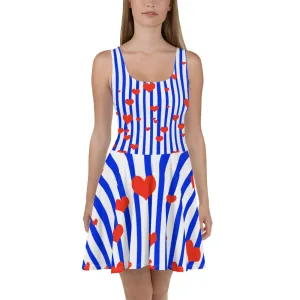 Blue Striped Women's Skater Dress, Long Premium A-line Dress - Made in USA/EU/MX (US Size: XS-3XL)