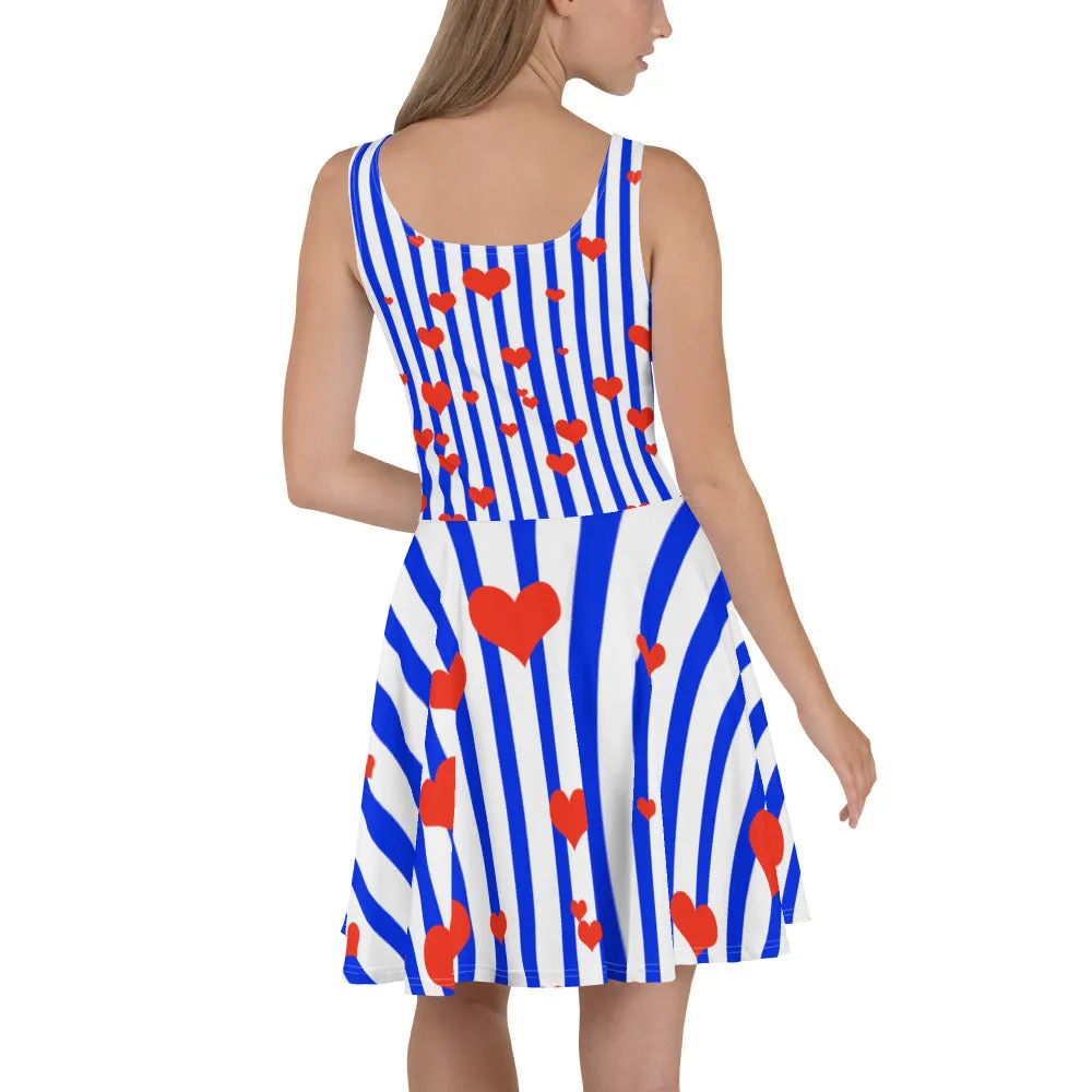 Blue Striped Women's Skater Dress, Long Premium A-line Dress - Made in USA/EU/MX (US Size: XS-3XL)