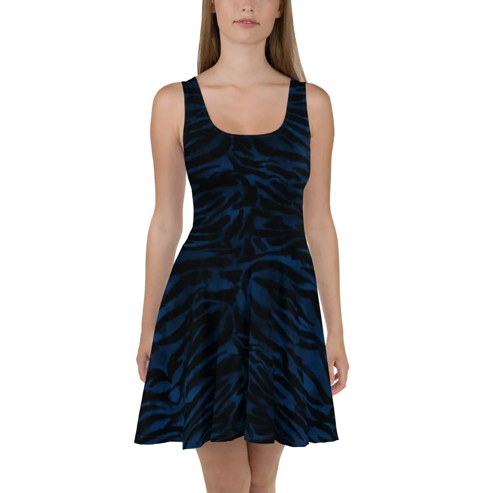 Blue Tiger Striped Skater Dress, Blue Black Tiger Stripes Animal Print Sleeveless Dress-Made in USA/EU