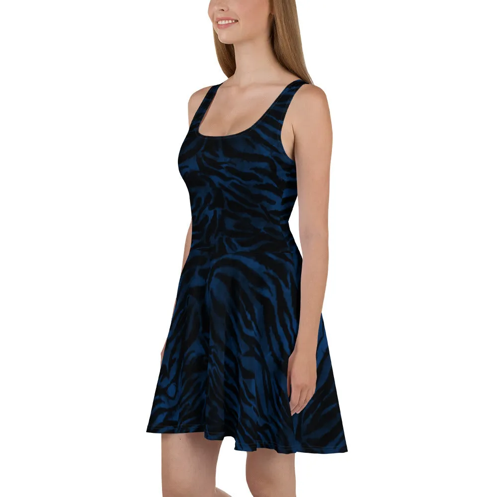 Blue Tiger Striped Skater Dress, Blue Black Tiger Stripes Animal Print Sleeveless Dress-Made in USA/EU