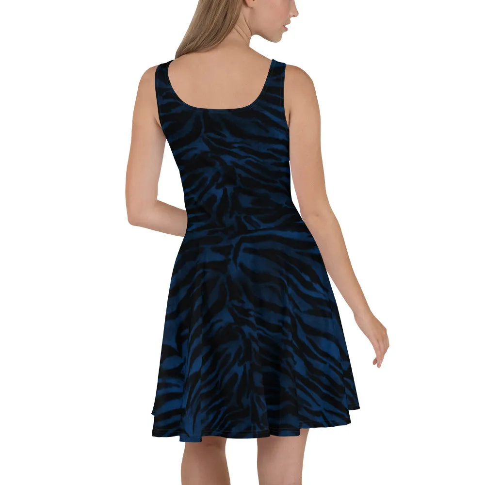 Blue Tiger Striped Skater Dress, Blue Black Tiger Stripes Animal Print Sleeveless Dress-Made in USA/EU