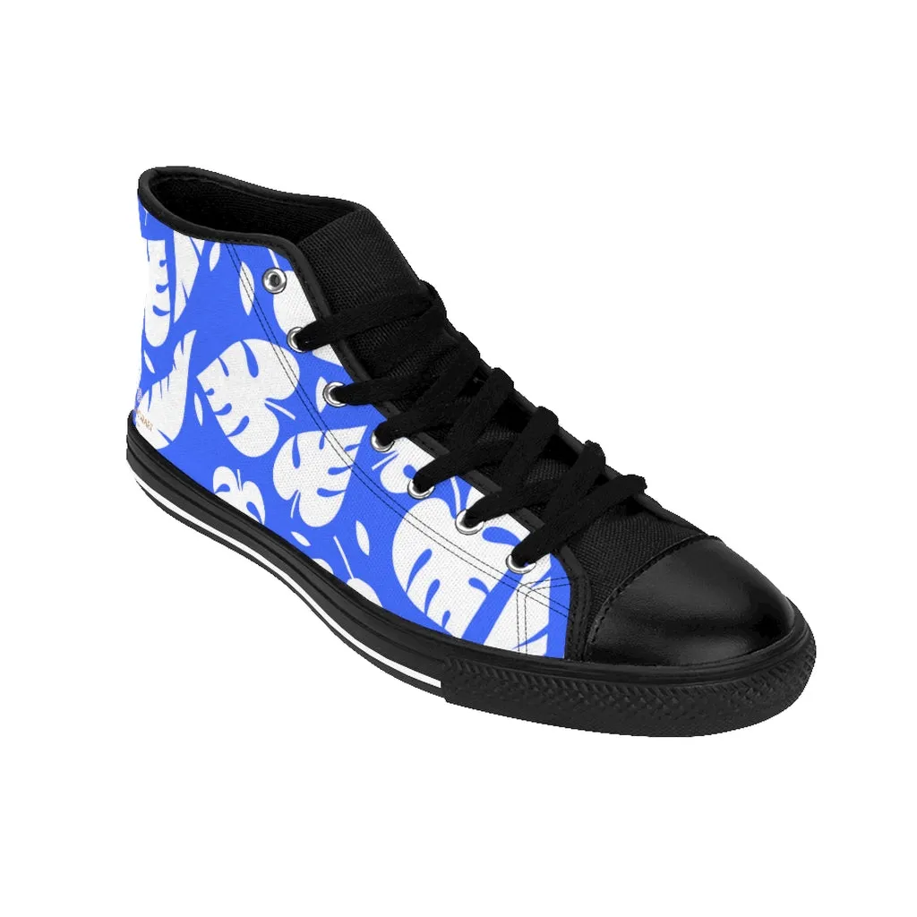 Blue Tropical Men's High-top Sneakers, Tropical Leaves Hawaiian Style Men's Designer Tennis Running Shoes