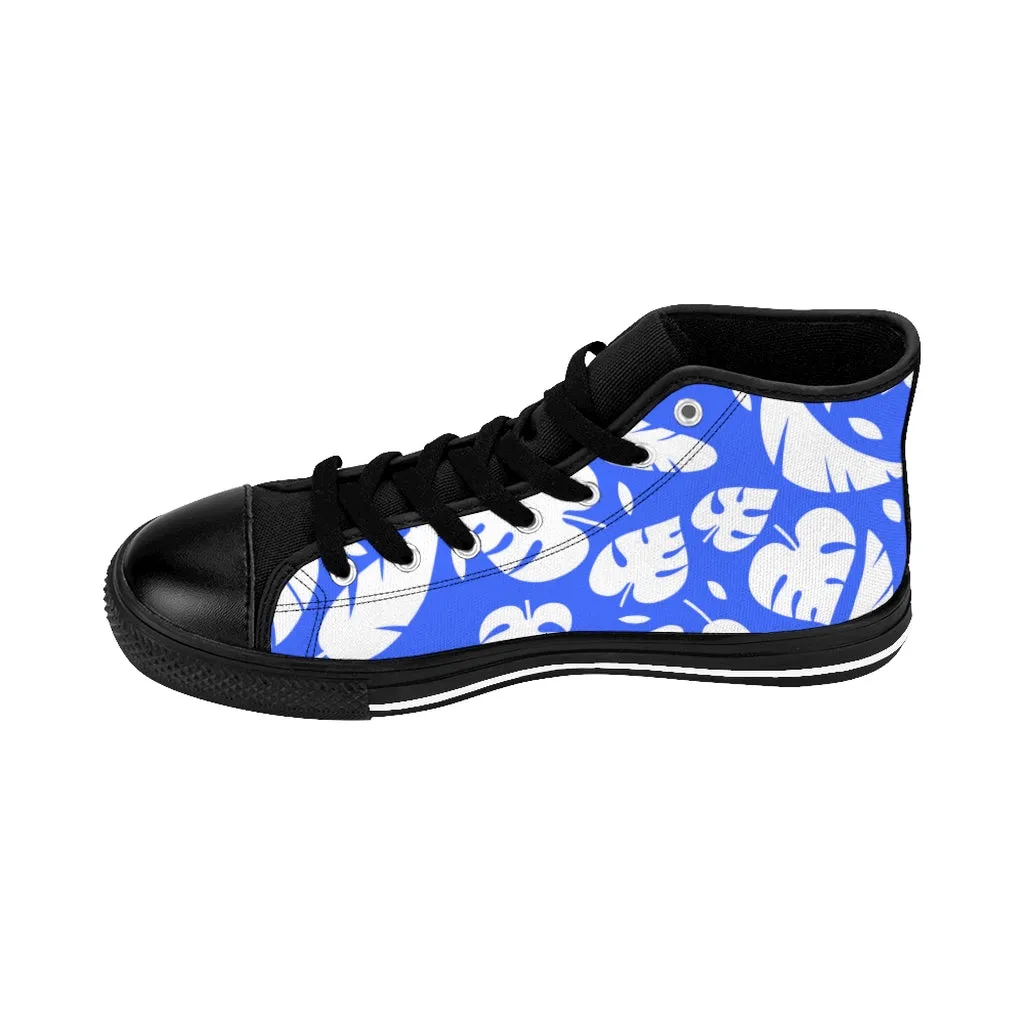 Blue Tropical Men's High-top Sneakers, Tropical Leaves Hawaiian Style Men's Designer Tennis Running Shoes