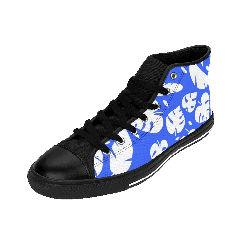 Blue Tropical Men's High-top Sneakers, Tropical Leaves Hawaiian Style Men's Designer Tennis Running Shoes