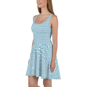 Blue Wavy Women's Skater Dress, Abstract Blue & White Colorful Waves Sleeveless Women's Dress-Made in USA/EU/MX