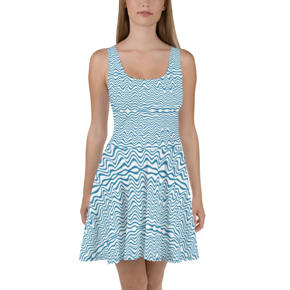 Blue Wavy Women's Skater Dress, Abstract Blue & White Colorful Waves Sleeveless Women's Dress-Made in USA/EU/MX